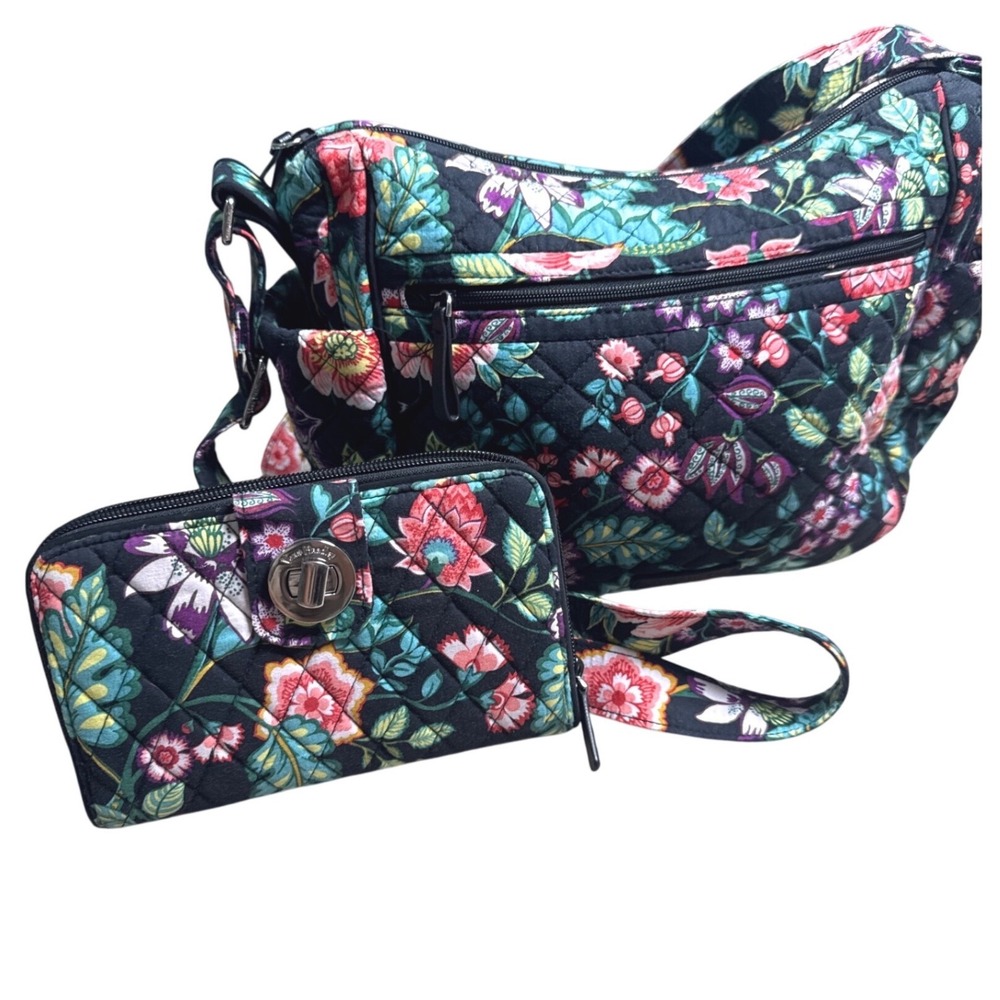 Vera Bradley Vines Floral On the Go Crossbody and RFID Turnlock Wallet 2pc Set